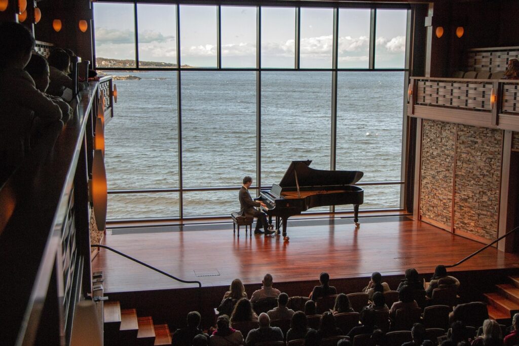 theater, piano, grand piano, pianist, musician, classical, concert, music, nature, audience, performance, glass wall, ocean, ocean view, people